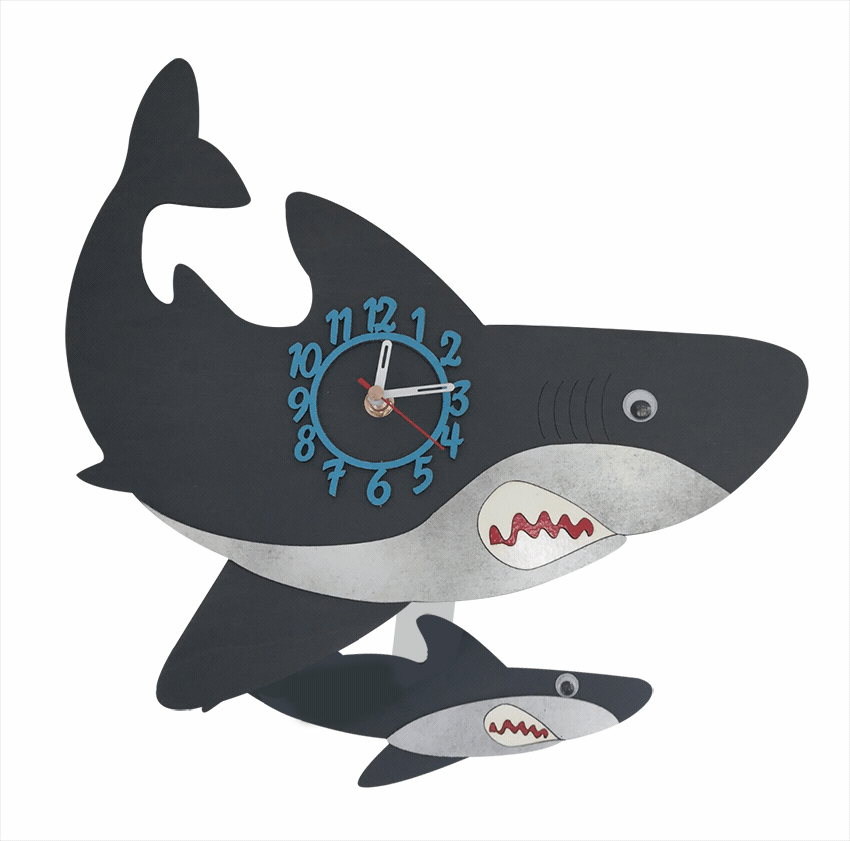 Little Timbers handmade wooden children's boy shark clock with swinging pendulum and free personalisation