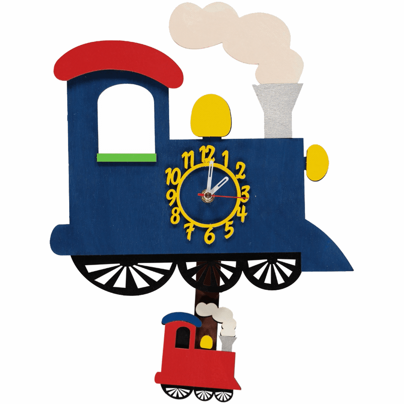 Little Timbers handmade wooden hanging wall blue train clock with swinging pendulum