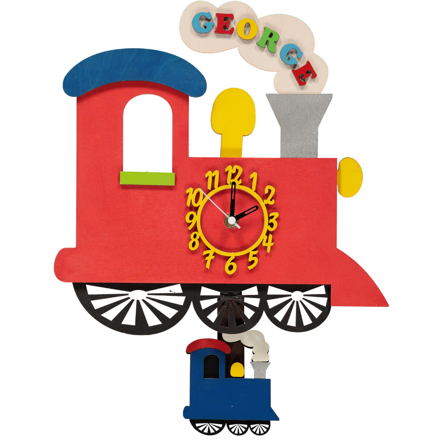 Little Timbers handmade wooden children's boy hanging wall red train clock with swinging pendulum and free personalisation