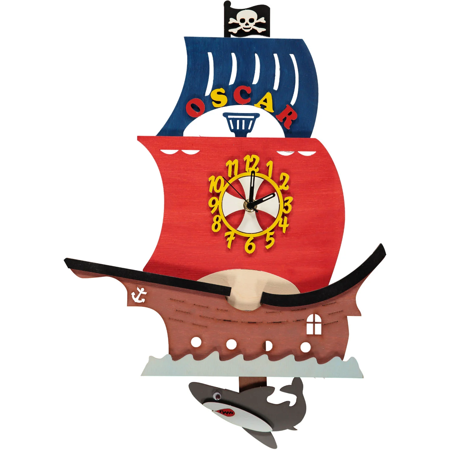Handmade wooden boy's hanging wall pendulum Pirate Ship clock personalised for free
