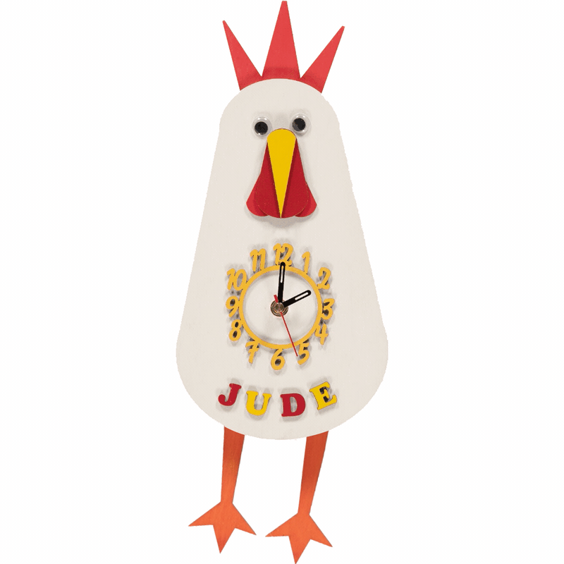 Little Timbers handmade wooden children's chicken personalised pendulum hanging wall clock