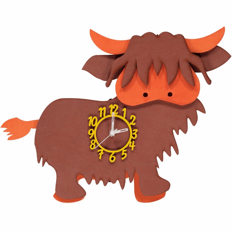 Little Timbers handmade wooden hanging wall clock of highland cow