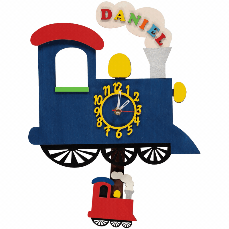 Little Timbers handmade wooden hanging wall blue train clock with swinging pendulum with free personalisation