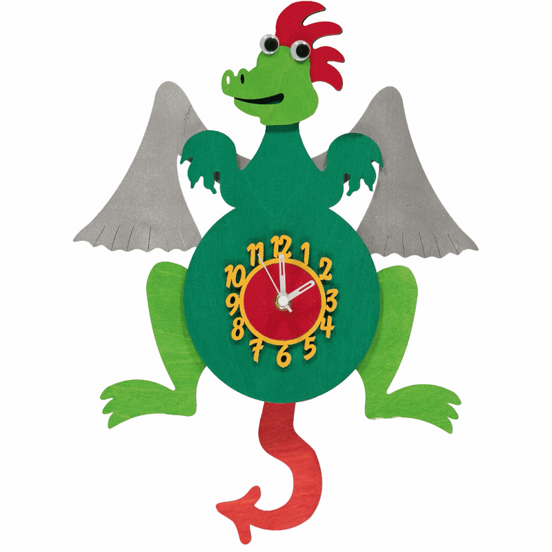 Little Timbers handmade wooden children's hanging green dragon wall clock with swinging tail pendulum