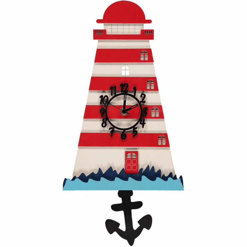 Little Timbers handmade wooden children's hanging lighthouse wall clock with swinging anchor pendulum