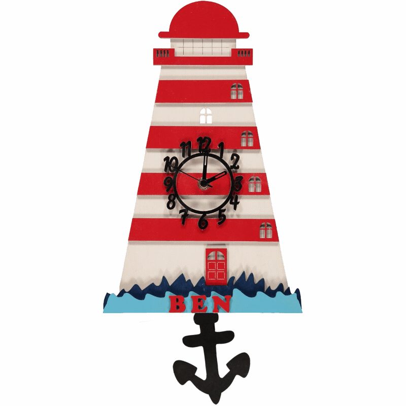 Little Timbers handmade wooden children's hanging lighthouse wall clock with swinging anchor pendulum and free personalisation