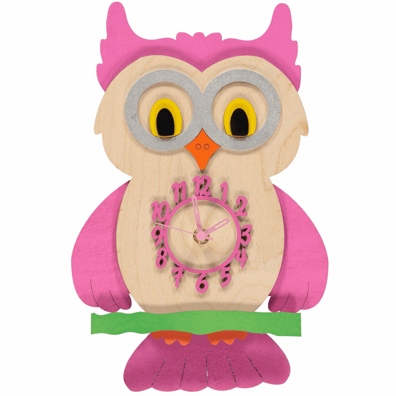 Personalised Pink Owl Pendulum Wall Clock with Childs Name and Silent Tick UK. 