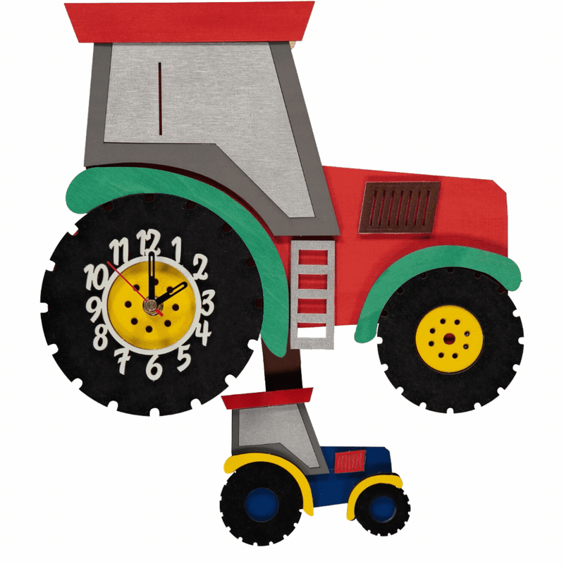 Little Timbers handmade wooden children's red tractor hanging wall pendulum clock