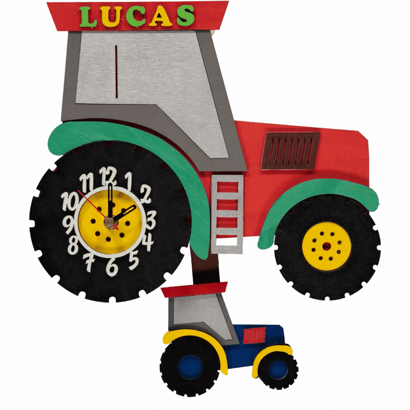 Little Timbers handmade wooden children's red tractor hanging wall pendulum clock with personalisation