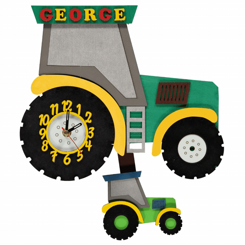 Little Timbers handmade wooden hanging children's green farm tractor wall pendulum personalised clock