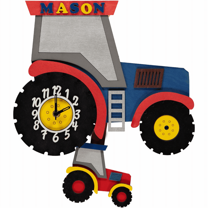 Little Timbers handmade wooden children's hanging blue tractor pendulum wall clock with personalisation