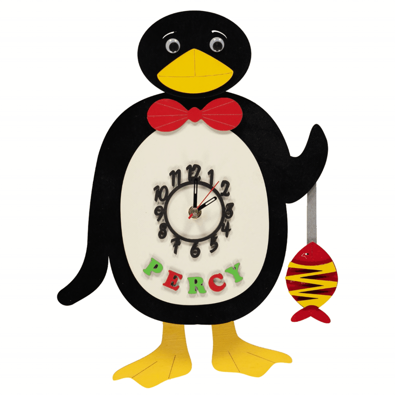 Little Timbers handmade wooden children's hanging penguin wall pendulum clock with personalisation