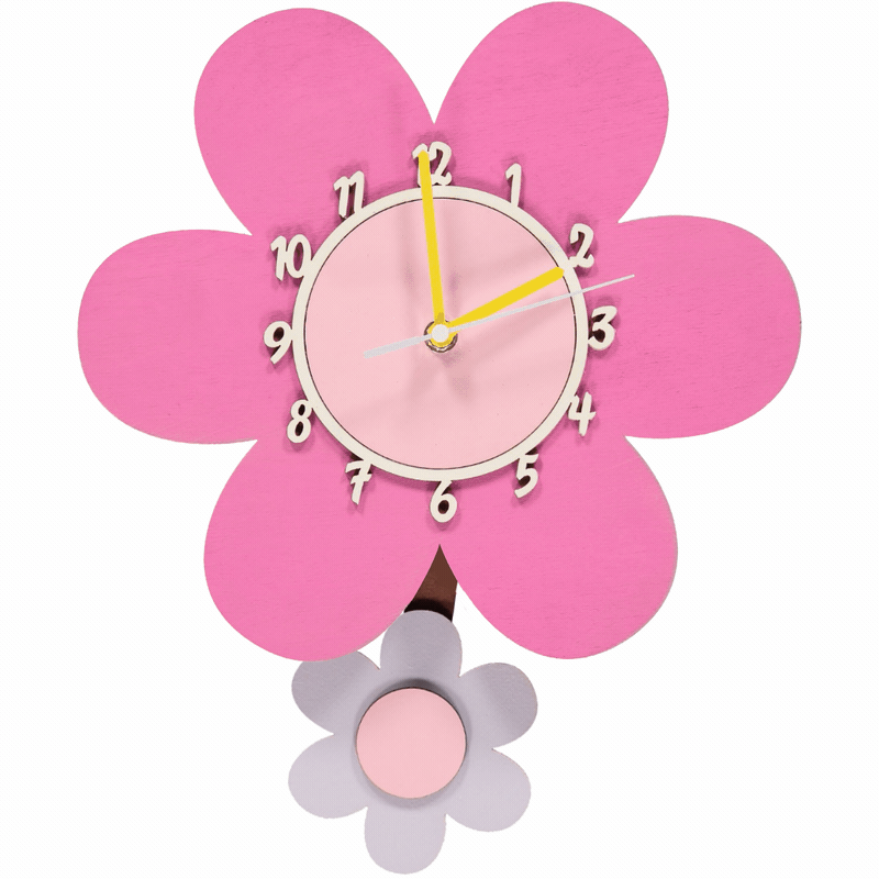 Little Timbers handmade wooden hanging children's pink daisy flower pendulum wall clock