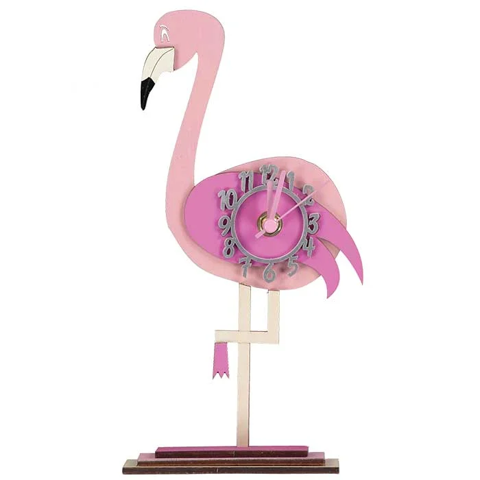 Mini standing handmade wooden pink flamingo clock.