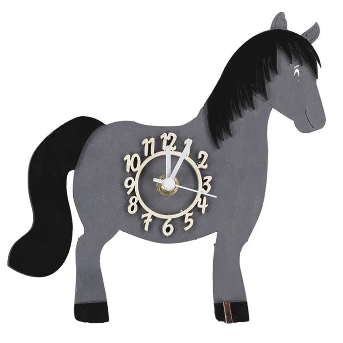Mini standing wooden handmade children's grey horse clock - ideal gift for a horse rider!