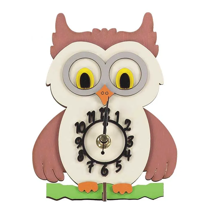 Mini standing wooden handmade brown owl clock from Little Timbers - a unique gift for a wildlife themed bedroom or nature lover!