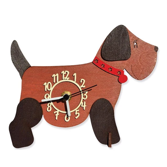 Mini standing wooden handmade brown dog clock from Little Timbers - a unique gift for dog lover!