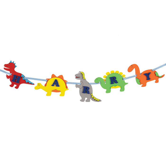Personalised multicoloured handmade dinosaur name garland by Little Timbers - a unique gift for boys!