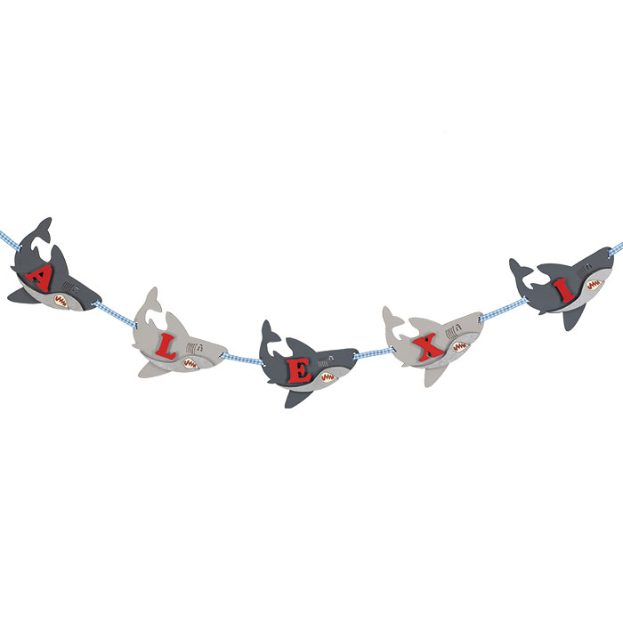 Wooden handmade personalised shark name garland made by Little Timbers - a unique gift for boys!