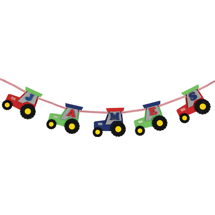 Wooden handmade personalised tractor name garland made by Little Timbers - a unique gift for boys with farm themed bedroom!