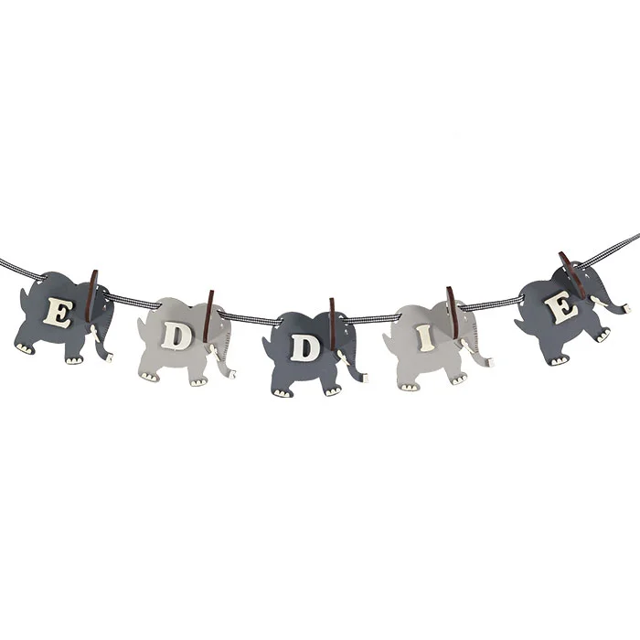 Wooden handmade personalised grey elephant name garland made by Little Timbers - a unique gift for children with jungle themed bedroom!