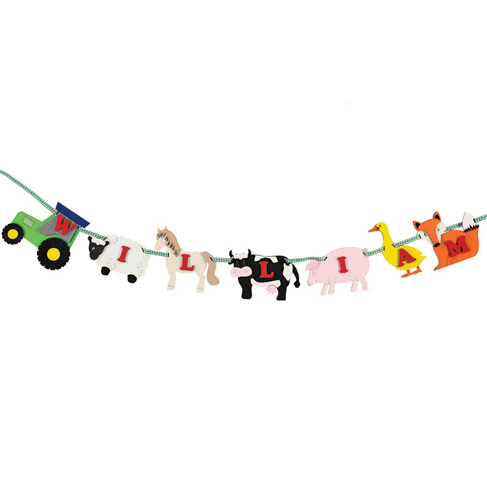 Wooden handmade personalised farm animal themed name garland made by Little Timbers - a unique gift for children with farm themed bedroom!