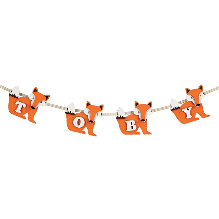 Wooden handmade personalised fox name garland made by Little Timbers - a unique gift for children!
