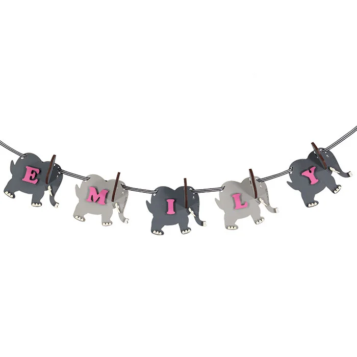 Wooden handmade personalised grey elephant name garland made by Little Timbers - a unique gift for children with jungle themed bedroom!