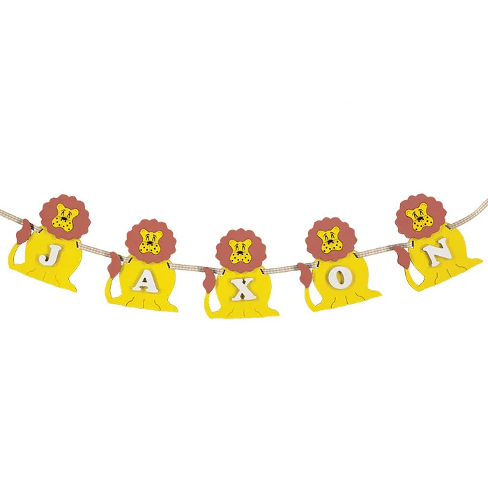 Wooden handmade personalised lion name garland made by Little Timbers - a unique gift for children with jungle themed bedroom!