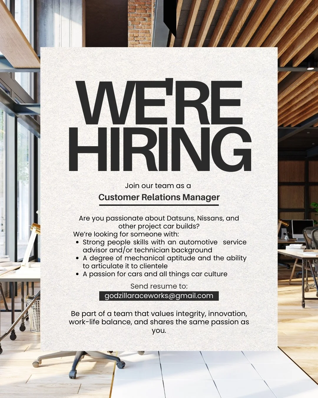 ⚠️ WE ARE LOOKING FOR A NEW TEAM MEMBER ⚠️ 

We are looking for a customer relations manager. This is a very important front-line position at GRW which will include direct interactions with clientele from our local, national, and international market