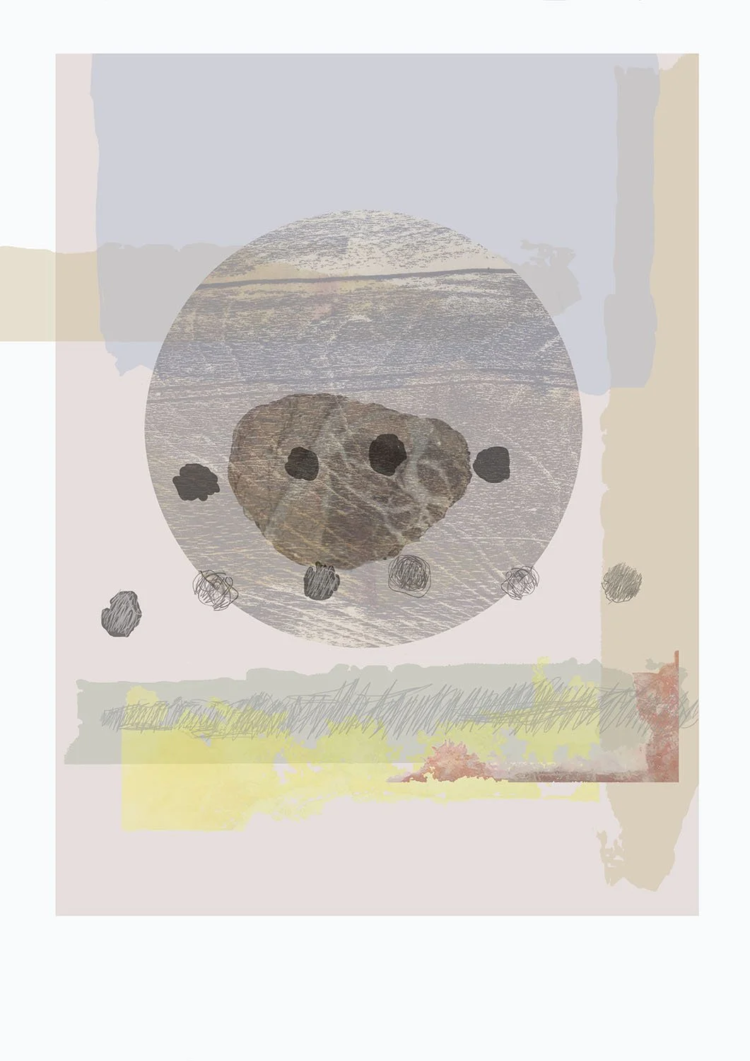 Wood stone and holes Relief print and digital additions Paper size: 29.7cm x 42cm Paper: Hahnemûhle 310gsm