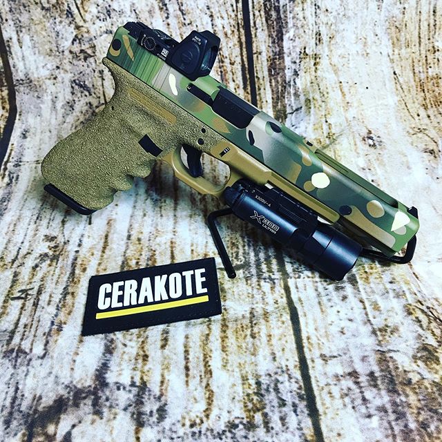 This is Glock 17L (long). #thatswhatshesaid We cerakoted it in the multicam pattern with the ELITE series 20150 as the base coat for the utmost performance! #cerakote #cerakotemafia #cerakotelove #cerakoteaddict #cerakotecertified #cerakoteeliteserie