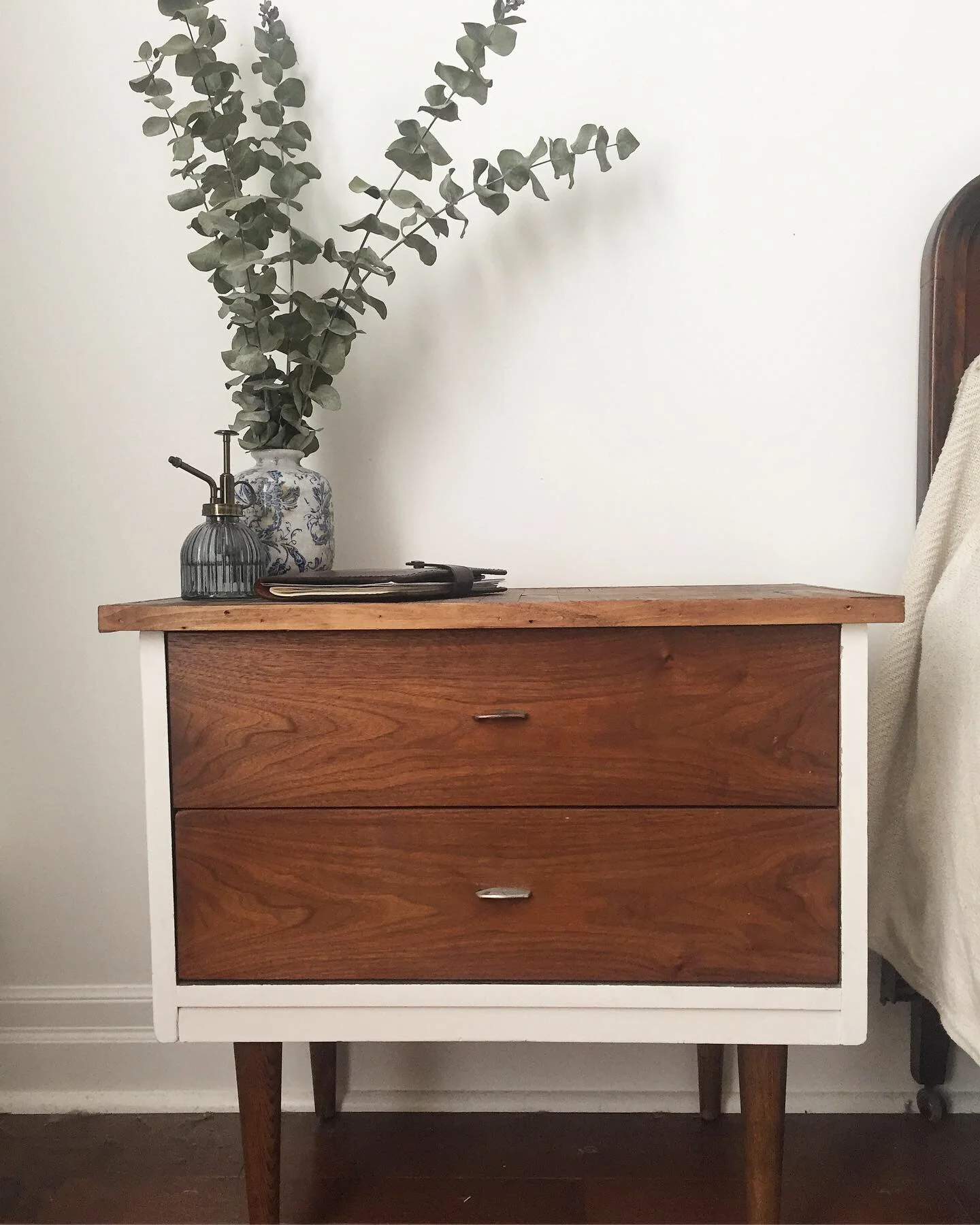  Bedside table - This unit was found on the curb. It has been stripped down, painted, stained and has a new custom top. 