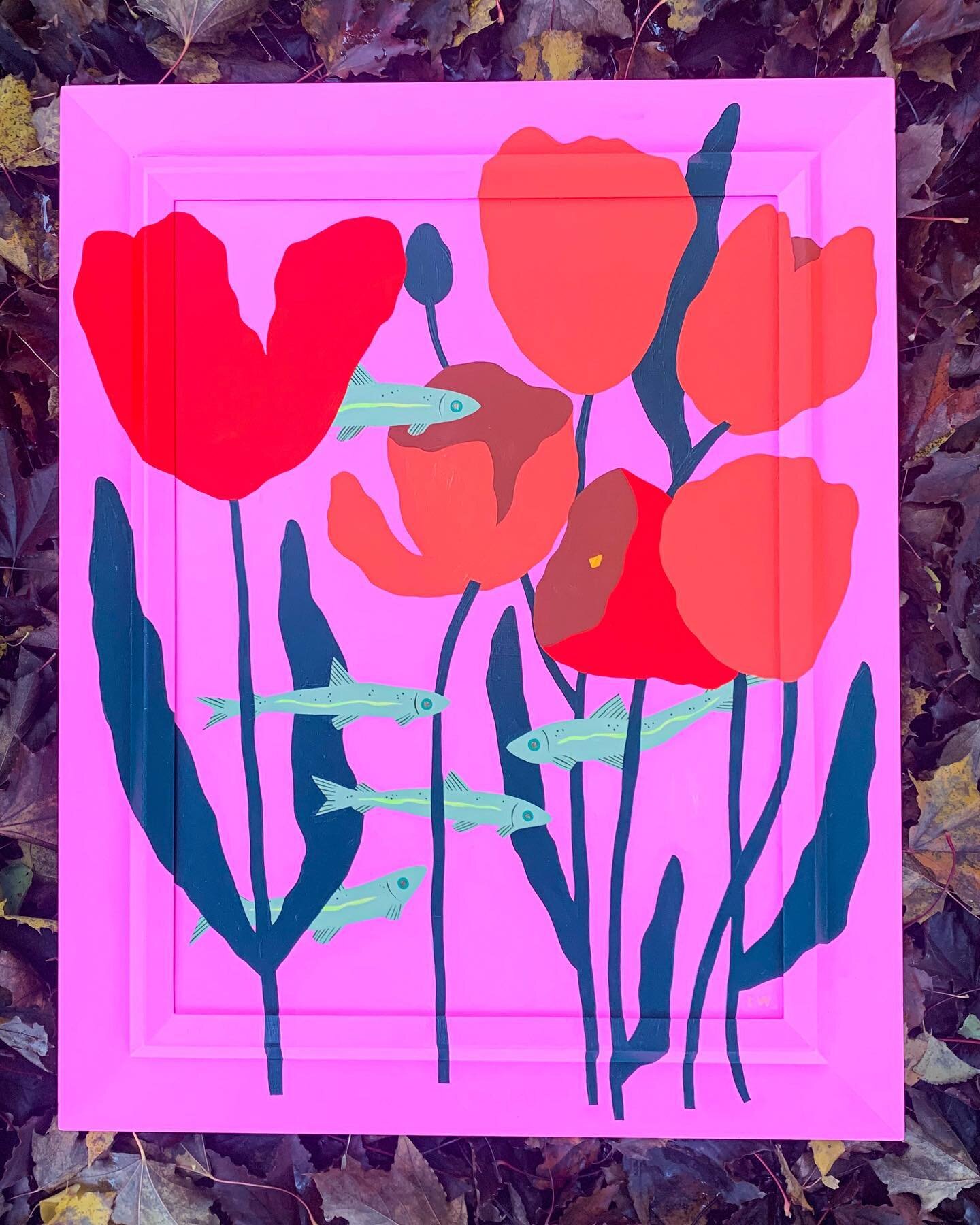 Ok no more pretending real chilly willickers midwest fall is here.  To honor its arrival, I went outside in slides and flannel to photograph this hot pink tulips + rainbow smelt painting in a spooky pile of leaves. (This one&rsquo;s for a show at @na