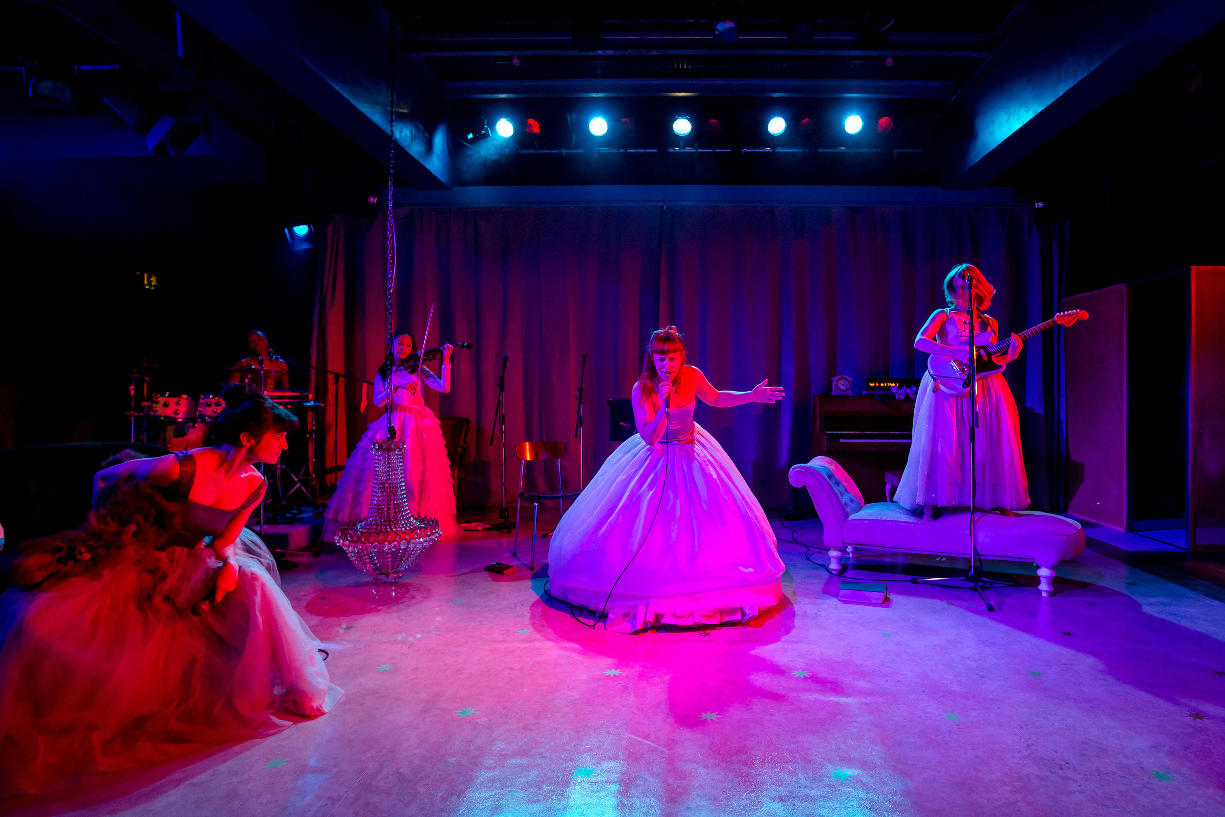 Becky Wilkie (Irena), Yoon-Ji-Kim (violinist), Abbi Greenland (Masha), Helen Goalen (Olga) in 3 SISTERS BY RASHDASH Photo Richard Davenport.JPG