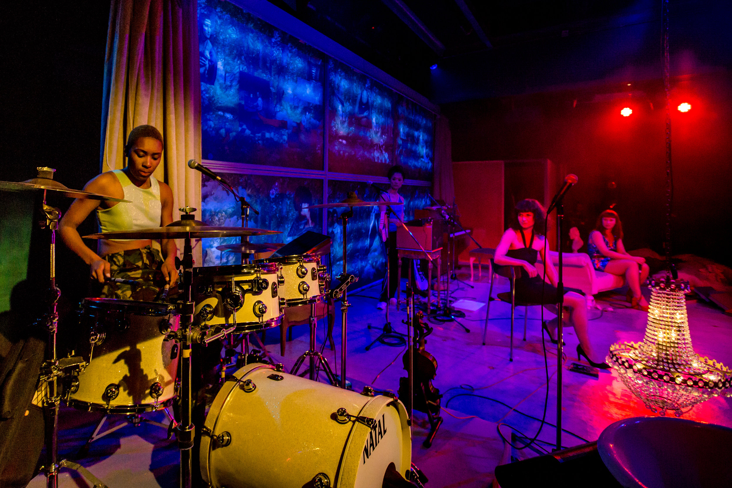 Chloe Rianna (drums), Yoon-Ji-Kim (synth), Becky Wilkie (Irena), Abbi Greenland (Masha) in 3 SISTERS BY RASHDASH Photo Richard Davenport.JPG