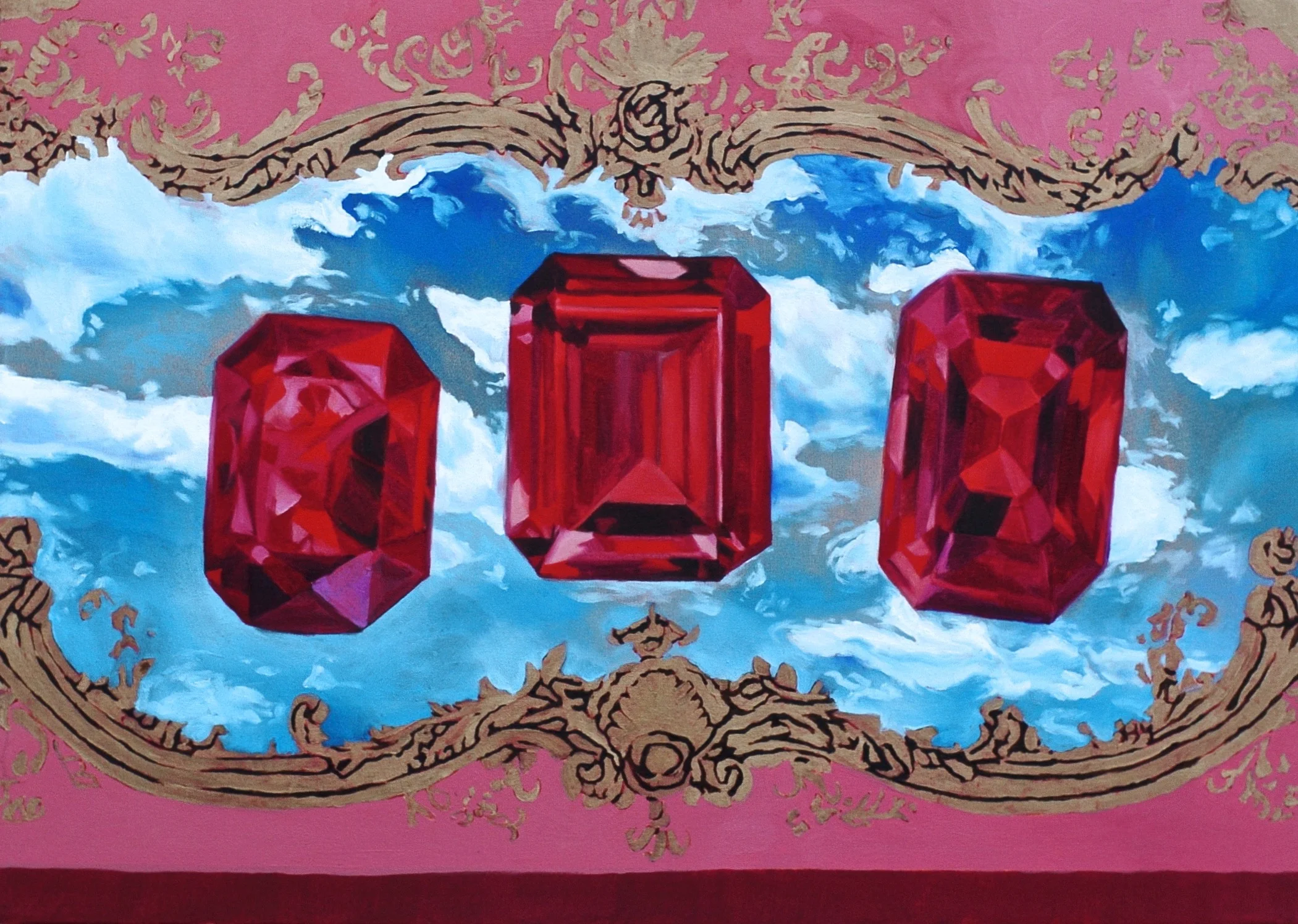 "Rubies in the Sky (After Man Ray's "The Lovers")", 2014 Oil and gold on canvas 36x22in