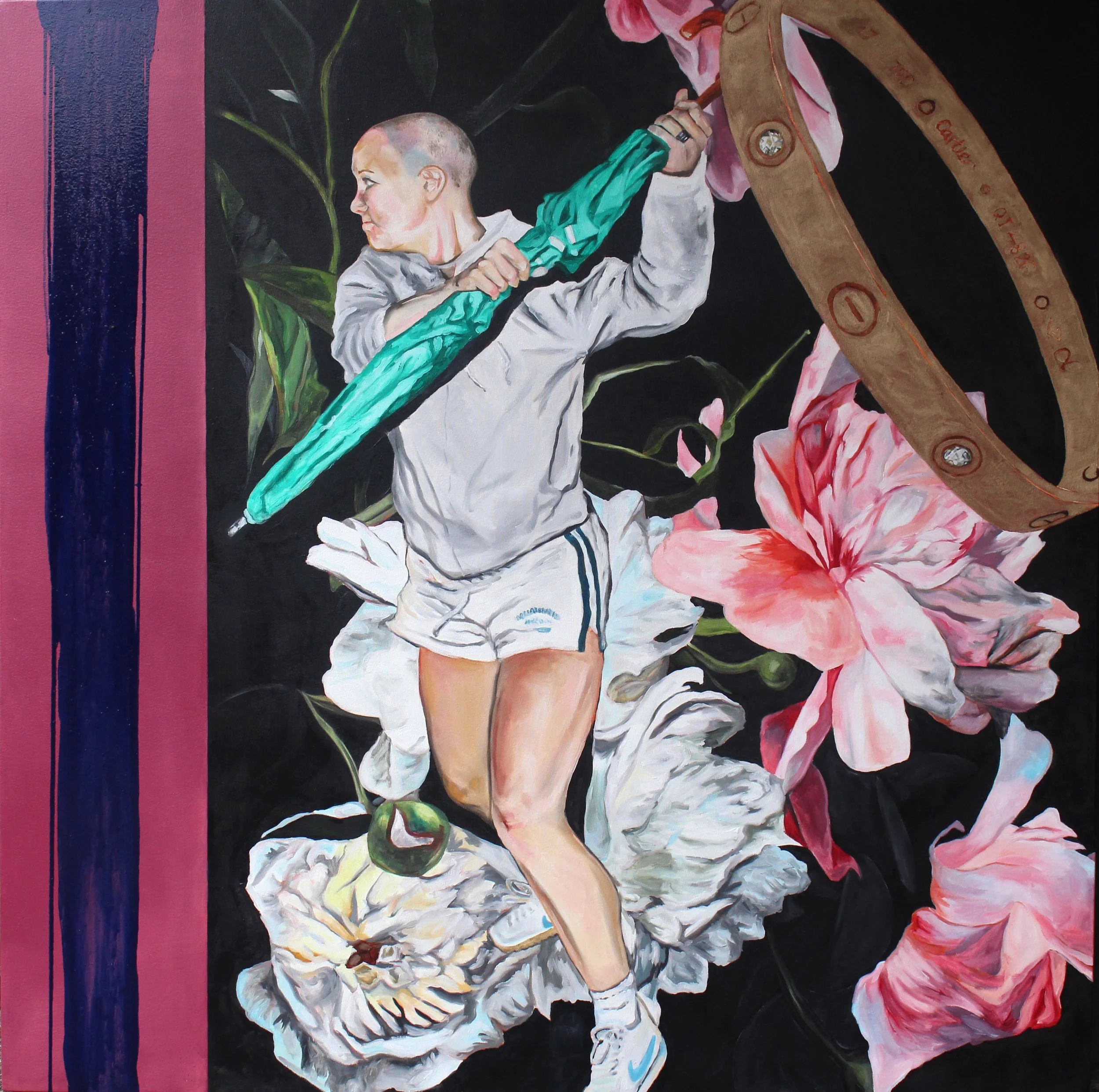 "Gimme More" , 2017 65x65 in Oil, latex, and gold on canvas