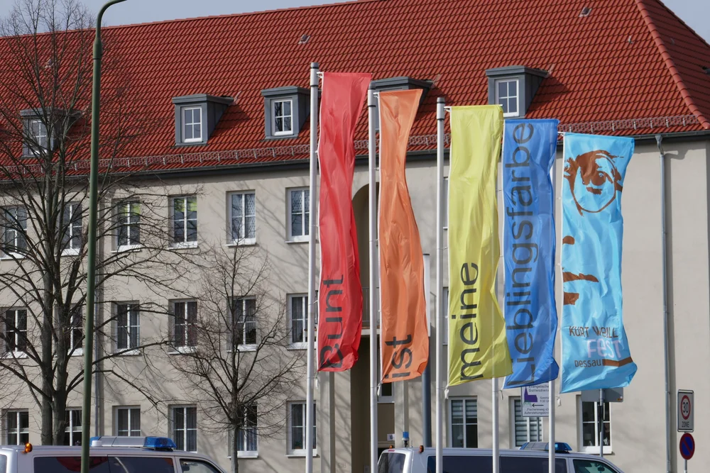  Banners for the Kurt Weill festival featuring a well known quote from Walter Gropius: “ Bunt ist mein Lieblingsfarbe ” (Colorful is my favorite color)   