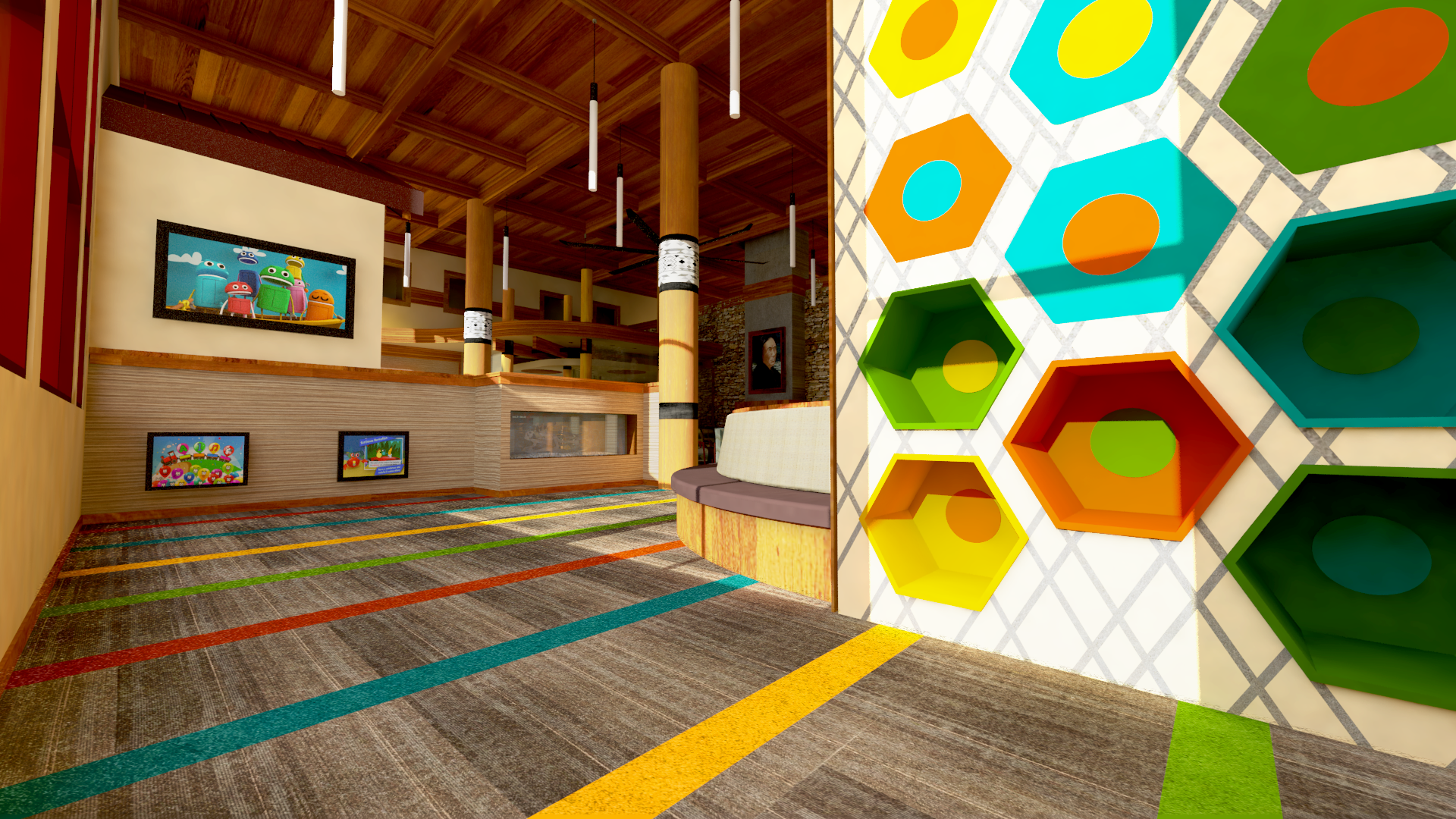 Waiting room interior design concept features repeating pattern using bright colors and varying shapes to create a rich and vibrant space.