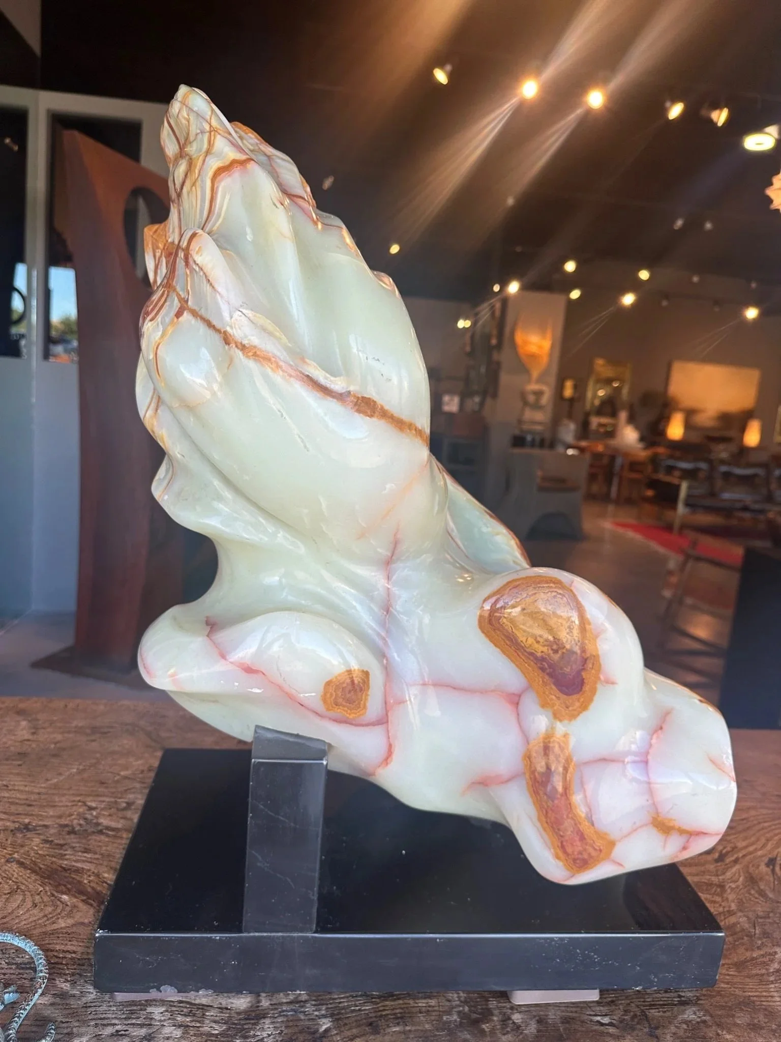 Leon Saulter | Colorado Raspberry Alabaster Abstract Sculpture Signed 1984
