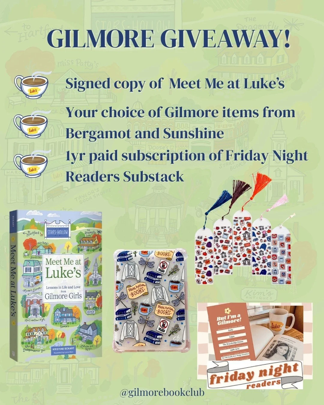 GILMORE GIVEAWAY! ☕️🍁 To celebrate the release of Meet Me at Luke's: Lessons in Life and Love from Gilmore Girls, I've teamed up with @bergamot_sunshine and @fridaynightreaders to give away a signed copy of the book, a Gilmore case or bookmarks, and