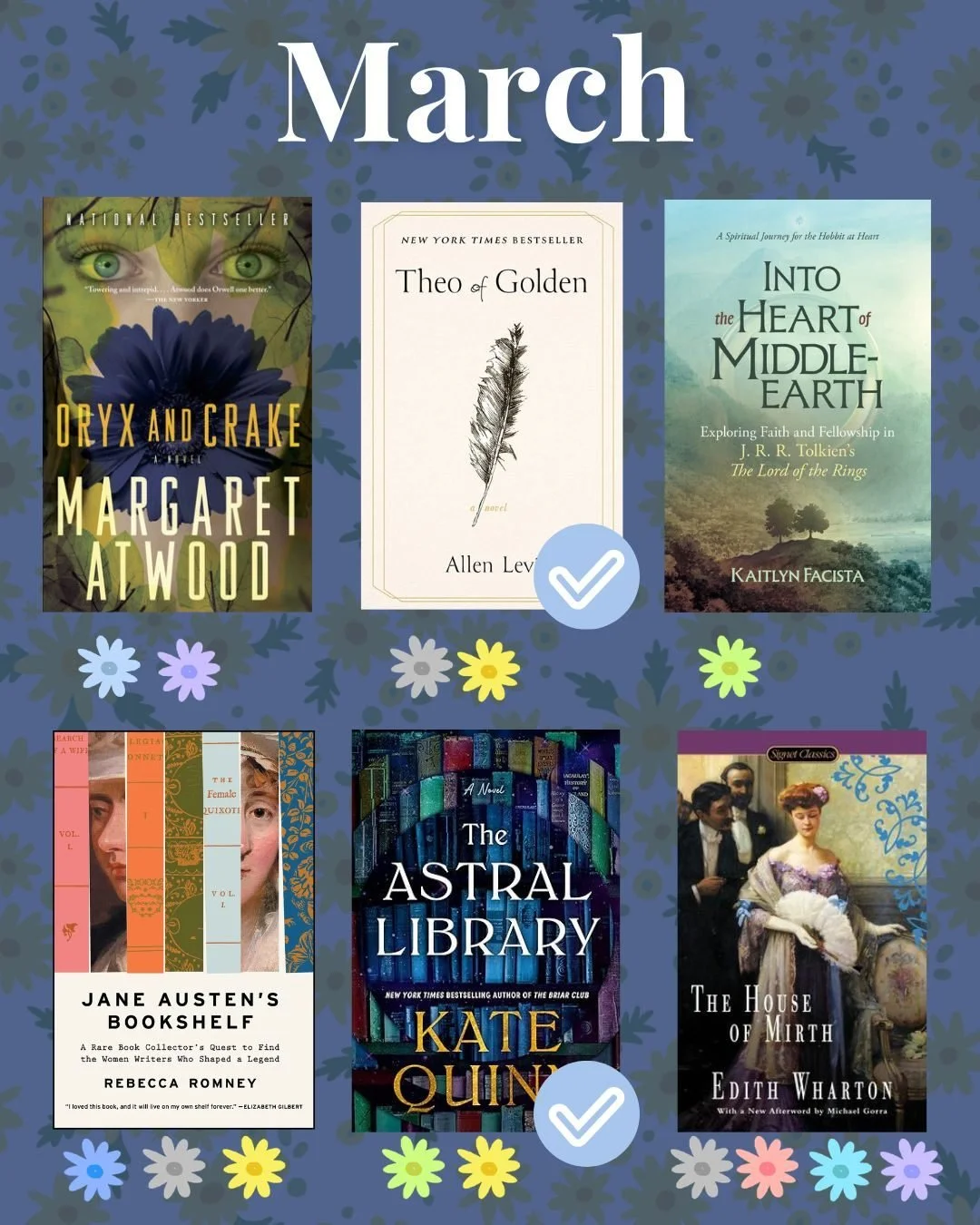 My March tbr plans are out of control! How about you? What are you reading? On my list for this month: 

📚ORYX AND CRAKE by @therealmargaretatwood
📚THEO OF GOLDEN by Allen Levin
📚INTO THE HEART OF MIDDLE EARTH by @teawithtolkien
📚JANE AUSTEN'S BO