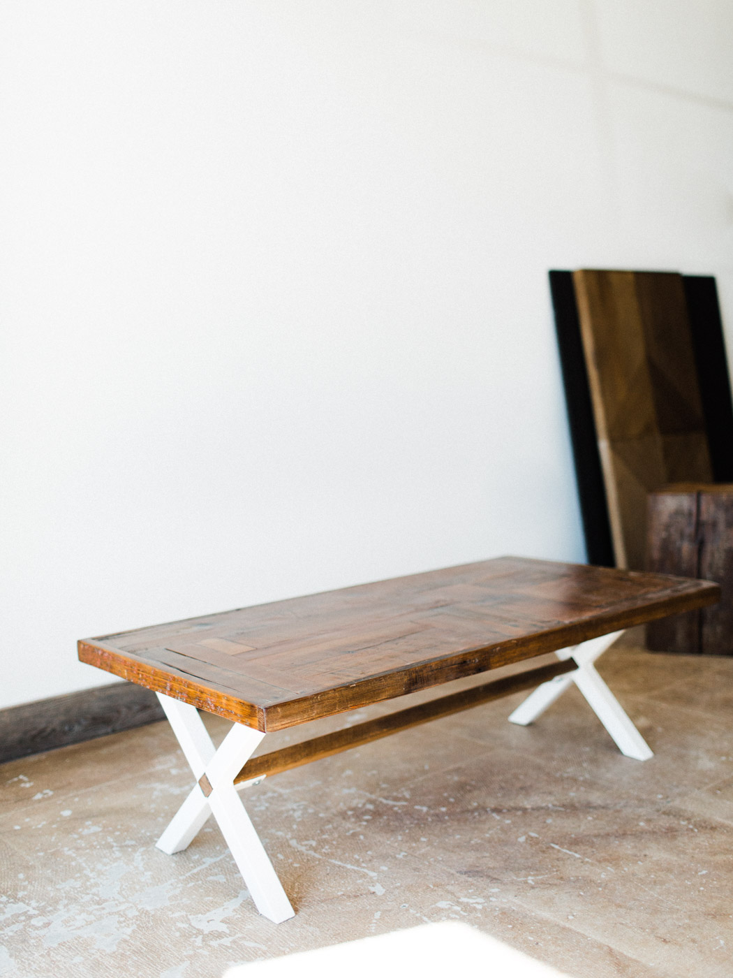 BeReclaimed - Custom Reclaimed Wood Coffee Table - Brown Barnboard on a Custom Welded White X frame.jpg
