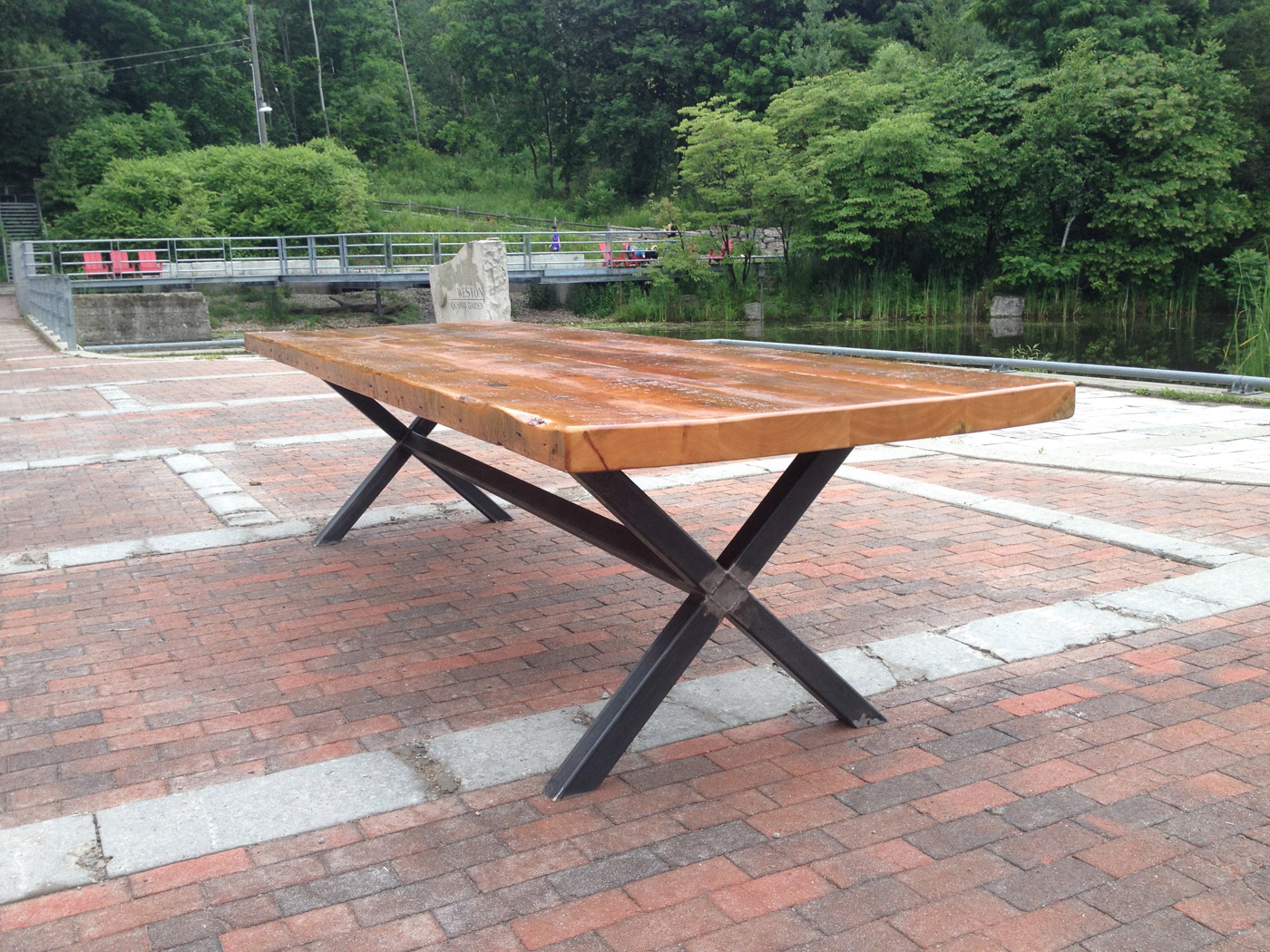 BeReclaimed - Reclaimed Wood Table - Douglas Fir with Custom Welded Steel X Frame Base - Evergreen Brick Works.jpg
