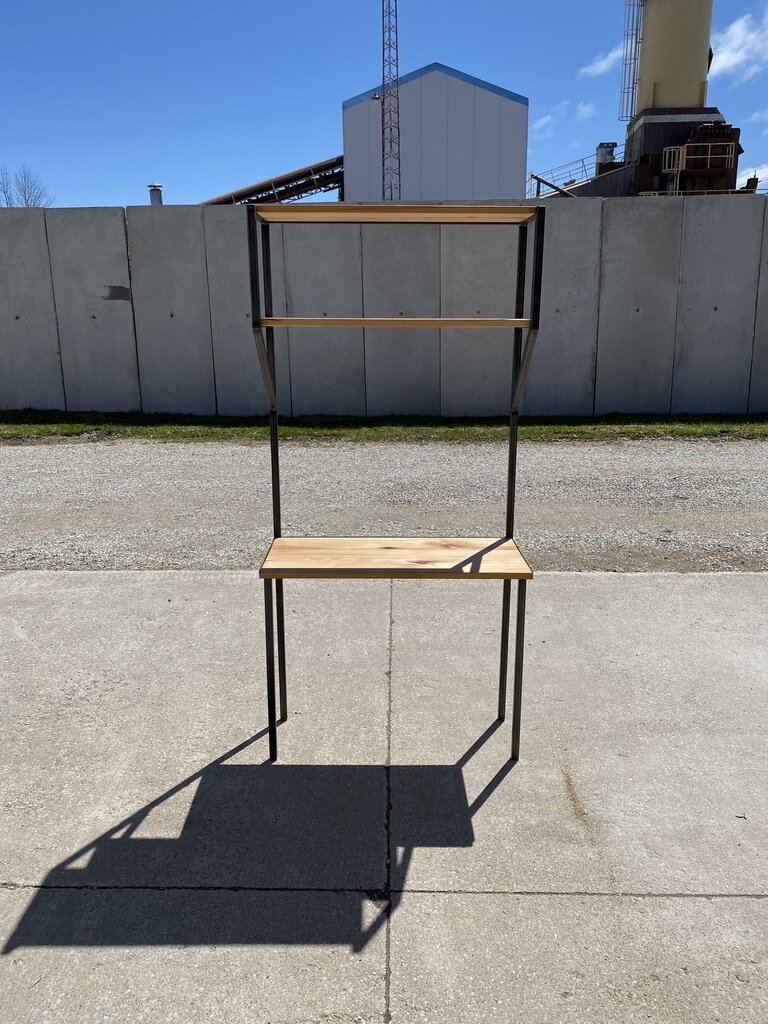 Custom Office Desk and Shelving Unit made from reclaimed wood and custom steel