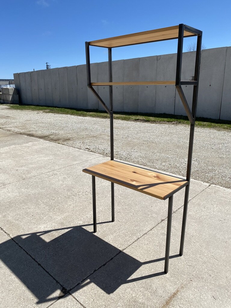 Custom Office Desk and Shelving Unit made from reclaimed wood and custom steel