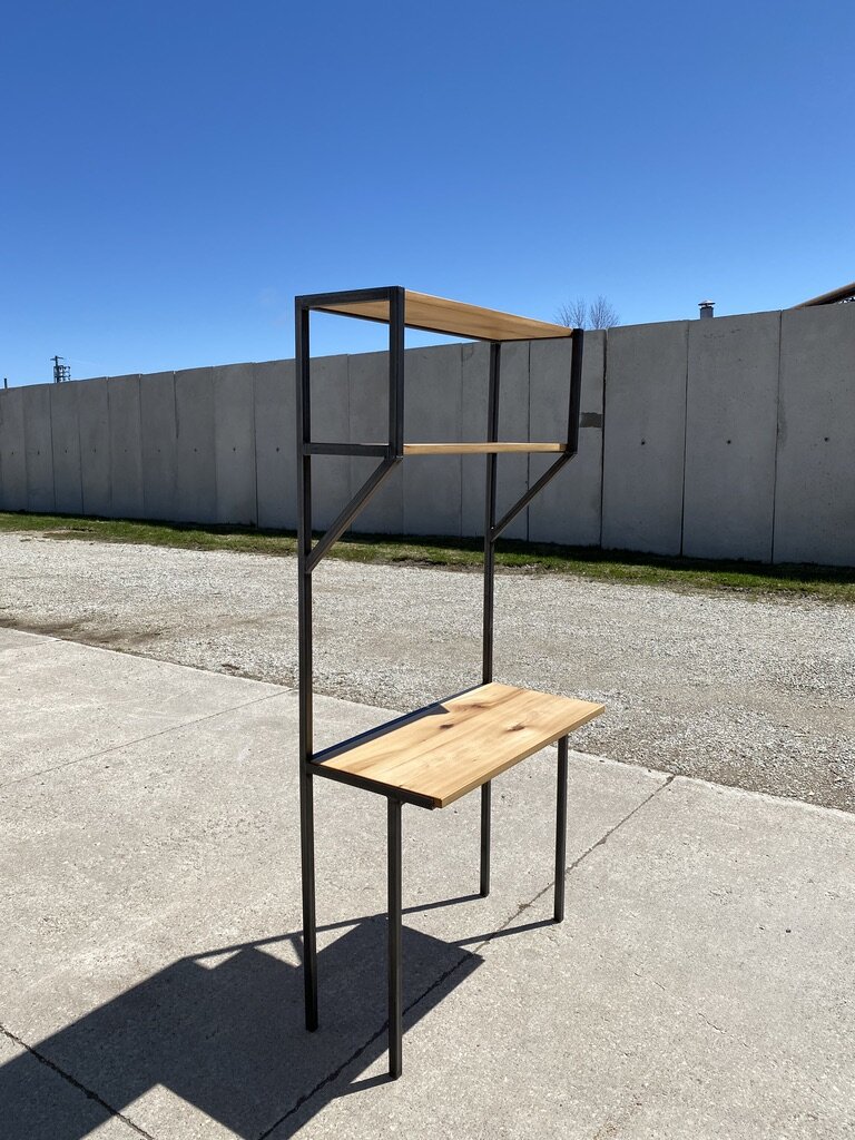 Custom Office Desk and Shelving Unit made from reclaimed wood and custom steel