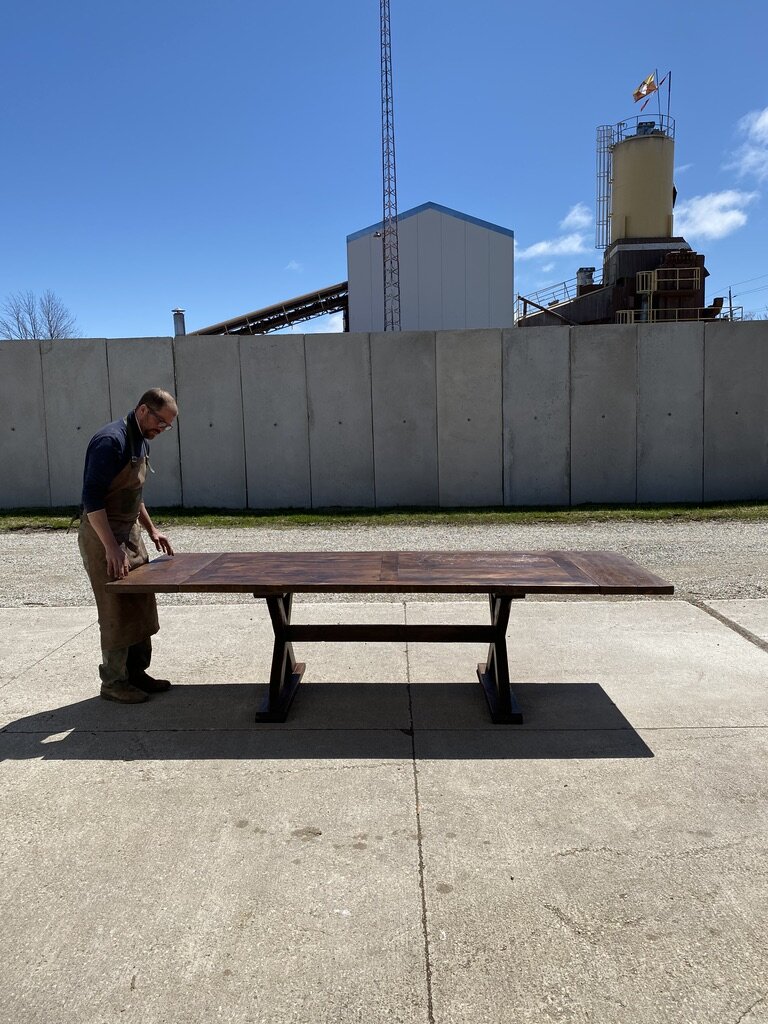 Reclaimed Wood Harvest Table with Wooden  X-legs and Trestle