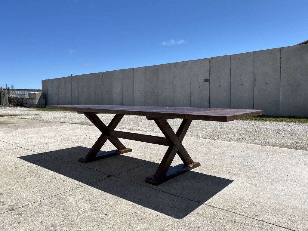 Reclaimed Wood Harvest Table with Wooden  X-legs and Trestle